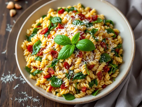 Salată de paste orzo cu roșii uscate și spanac