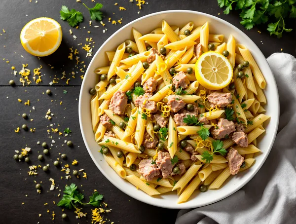 Salată de paste penne cu ton, capere și lămâie