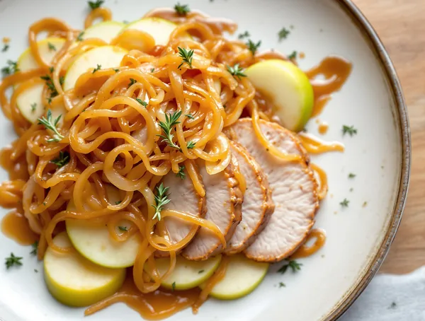 Salată de piept de porc cu mere și ceapă caramelizată