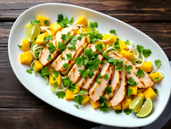 Salată de pui cu arpagic, mango și coriandru
