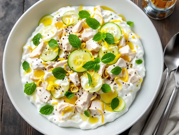 Salată de pui cu iaurt, castraveți și mentă
