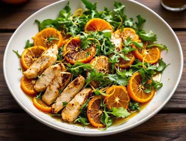 Salată de pui cu portocale caramelizate și rucola
