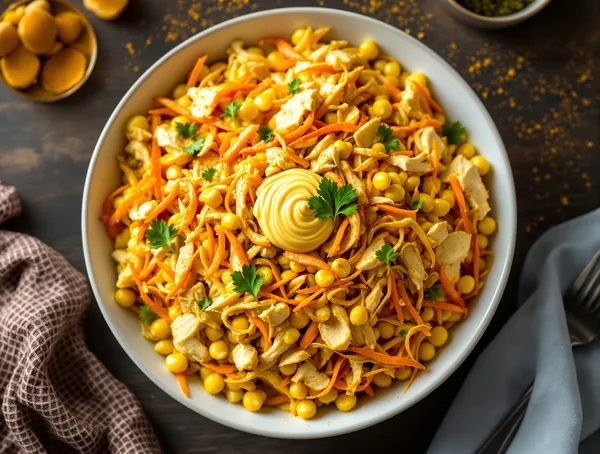 Salată de pui fript cu morcovi, porumb și maioneză cu curry