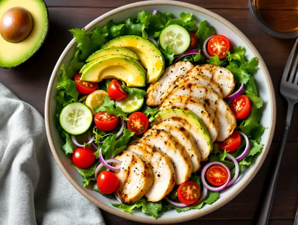 Salată de pui la grătar cu avocado și rucola