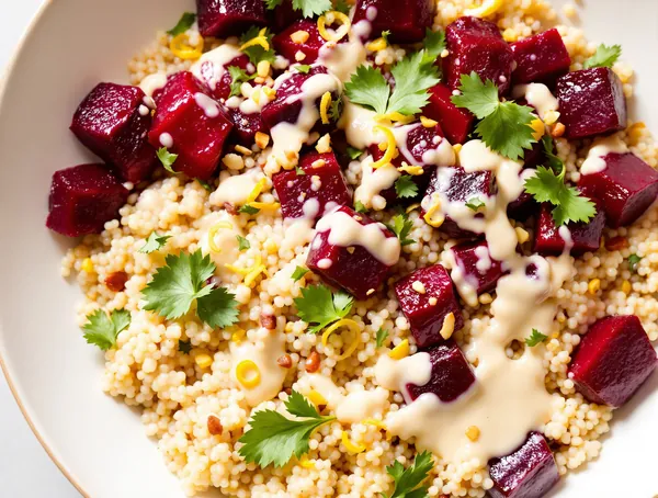 Salată de quinoa cu sfeclă roșie și tahini de migdale