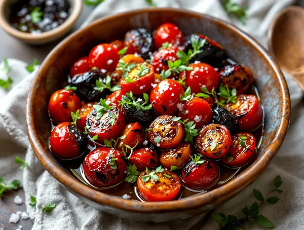 Salată de roșii coapte cu usturoi negru și oregano