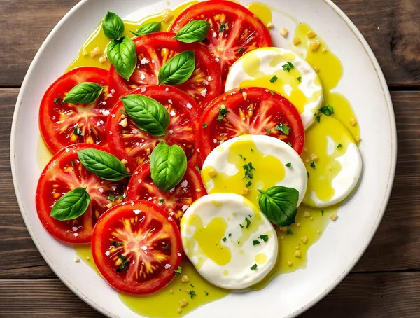 Salată de roșii cu mozzarella și ulei de busuioc
