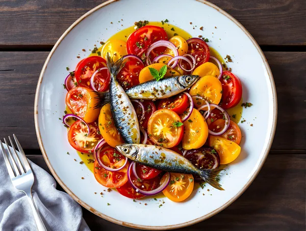 Salată de roșii moștenite cu sardine și oregano