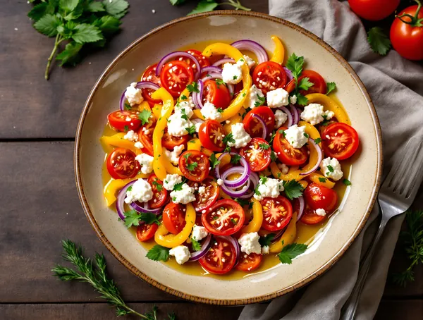 Salată de roșii și ardei cu brânză de burduf