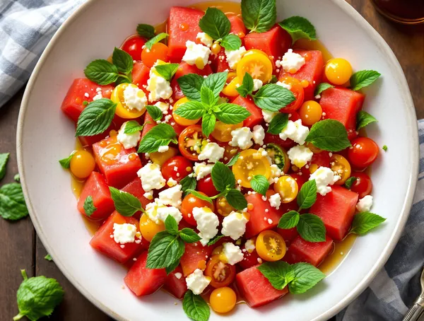 Salată de roșii și pepene roșu cu feta și mentă
