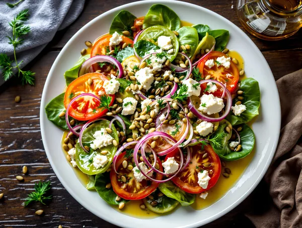 Salată de roșii verzi cu feta și semințe de dovleac