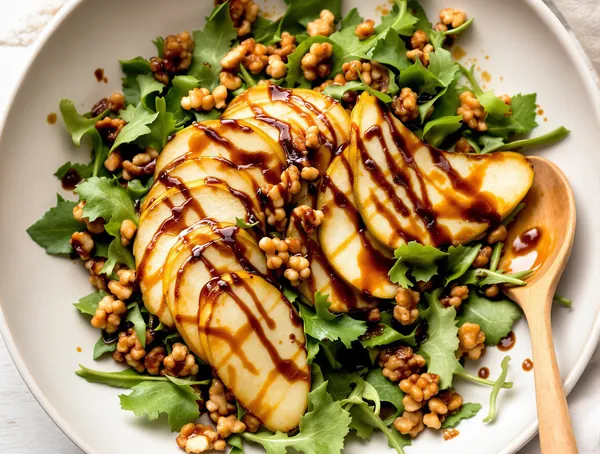 Salată de rucola cu pere coapte și nuci caramelizate