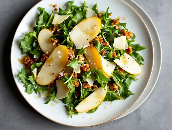 Salată de rucola cu pere, parmezan și nuci caramelizate