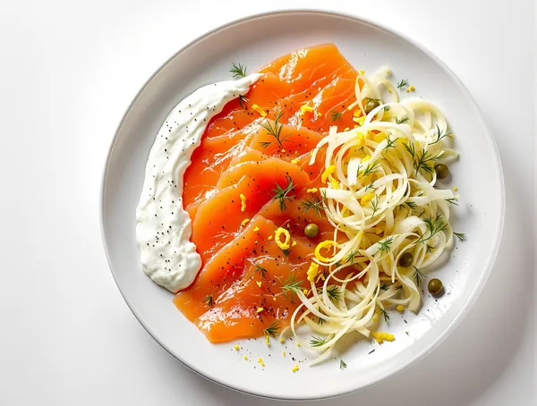 Salată de somon gravlax cu fenicul și cremă de hrean