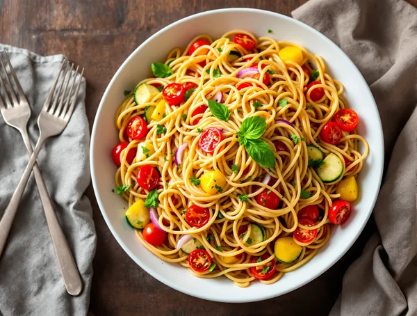 Salată de spaghete integrale cu legume de sezon