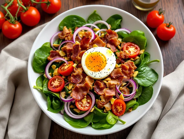 Salată de spanac cu bacon crocant și ou fiert
