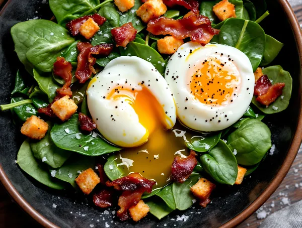 Salată de spanac cu bacon crocant și ouă poșate