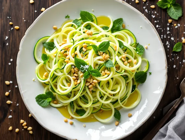 Salată de zucchini crud cu mentă și semințe de pin