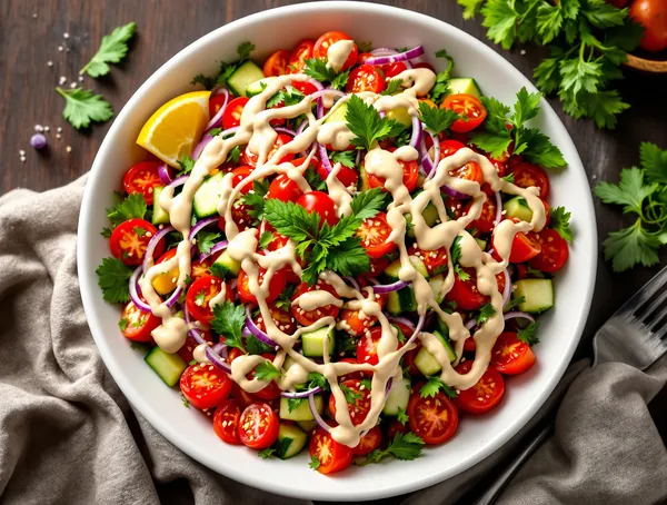Salată israeliană de roșii și castraveți cu tahini