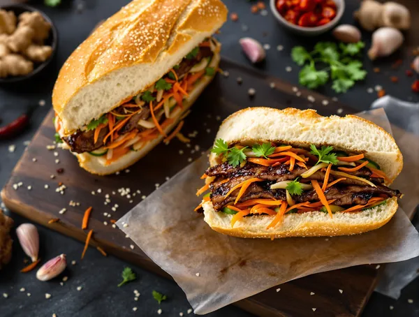 Sandviș banh mi cu porc caramelizat și morcov murat