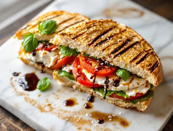 Sandviș caprese cu mozzarella bufală și busuioc