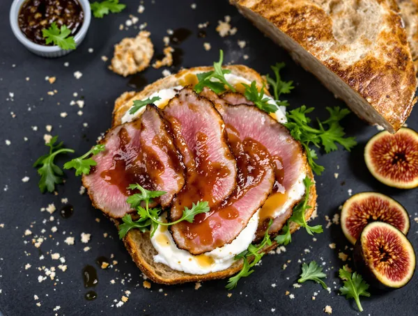 Sandviș cu piept de rață, fig jam și rucola