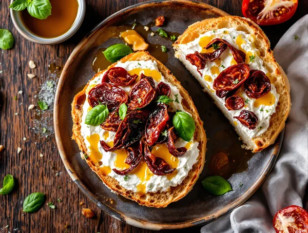 Sandviș cu ricotta și roșii uscate pe focaccia