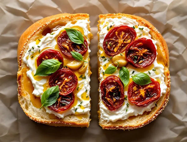 Sandviș cu ricotta și roșii uscate pe pâine focaccia