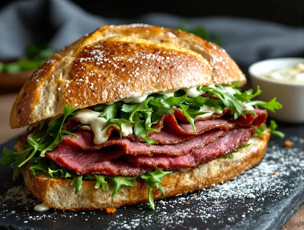 Sandviș cu roast beef, hrean și rucola