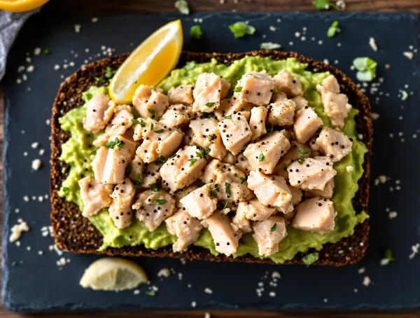 Sandviș cu ton și avocado pe pâine neagră