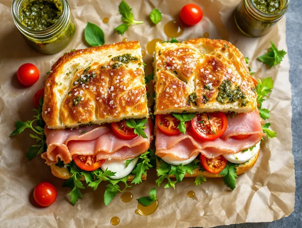 Sandviș focaccia cu mozzarella, prosciutto și pesto