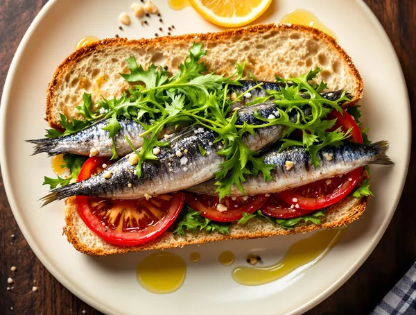 Sandwich cu sardine, roșii și rucola