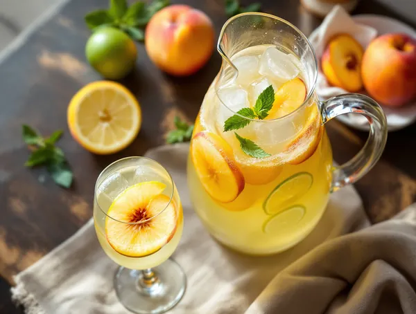 Sangria albă cu piersici, lămâie verde și mușcat