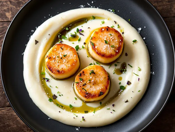 Scallops cu piure de conopidă și trufe