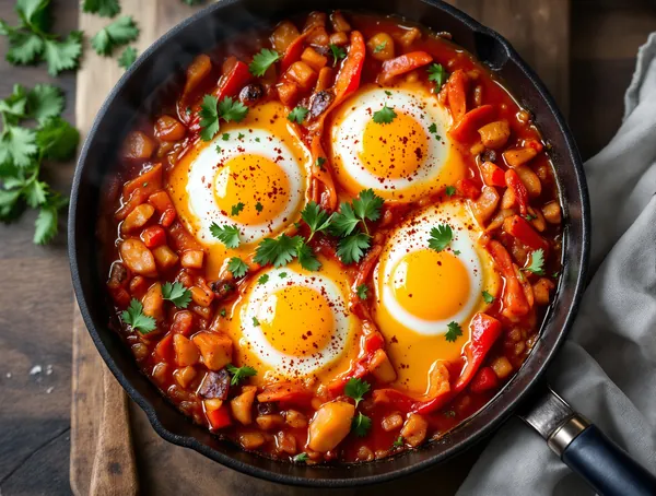 Shakshuka cu ouă poșate în sos de roșii