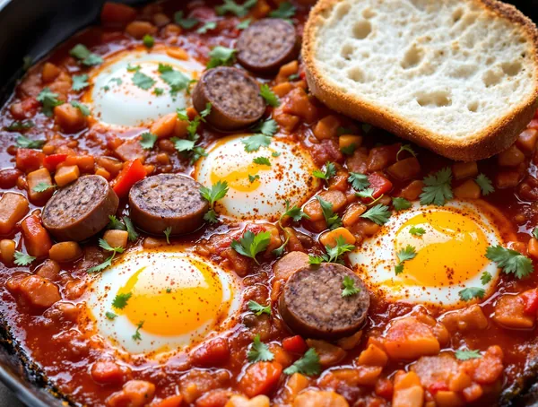 Shakshuka marocană cu merguez și ardei