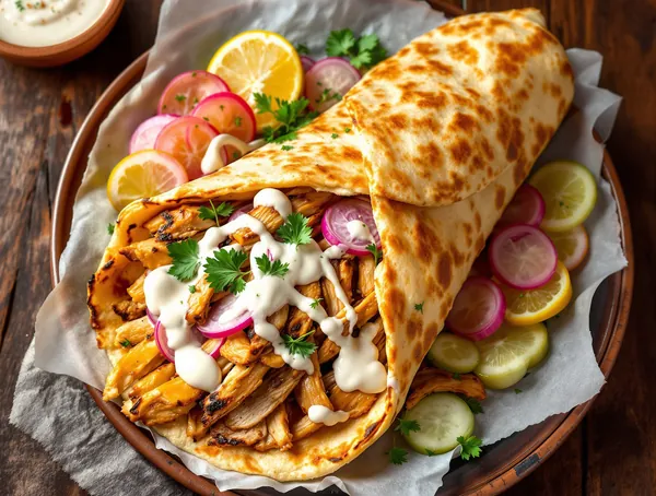 Shawarma de pui cu toum și murături