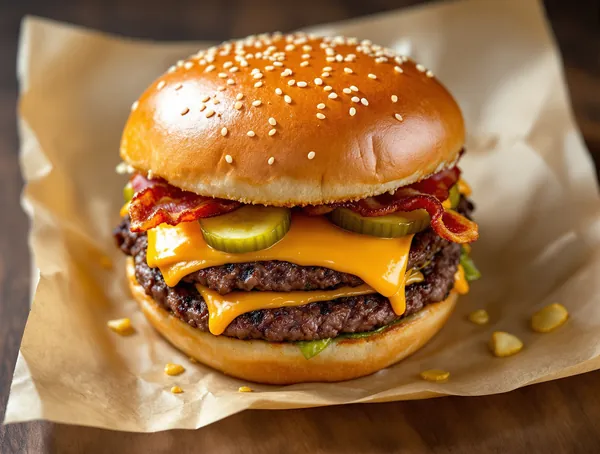 Smash burger cu cheddar, bacon și castraveți murați