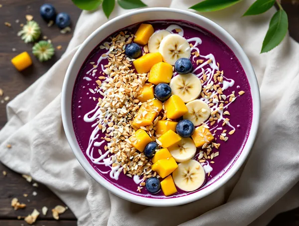 Smoothie bol de post cu açaí și fructe tropicale