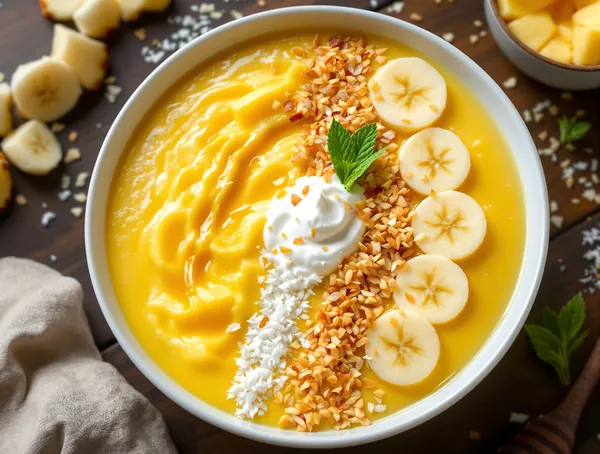 Smoothie Bowl cu Ananas și Fulgi de Cocos Prăjiți
