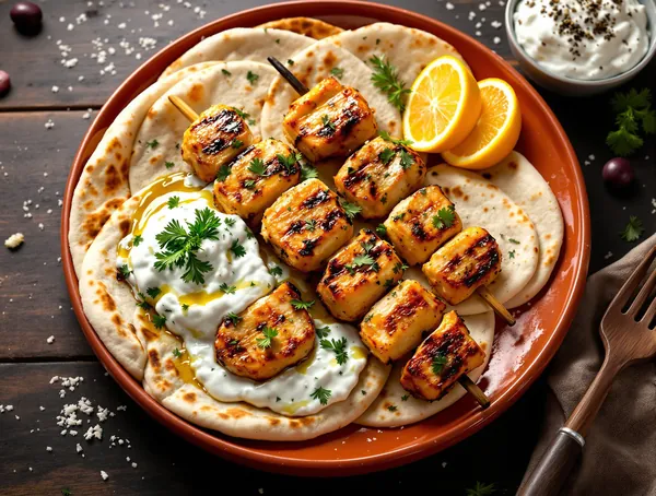 Souvlaki de pui cu tzatziki și pita