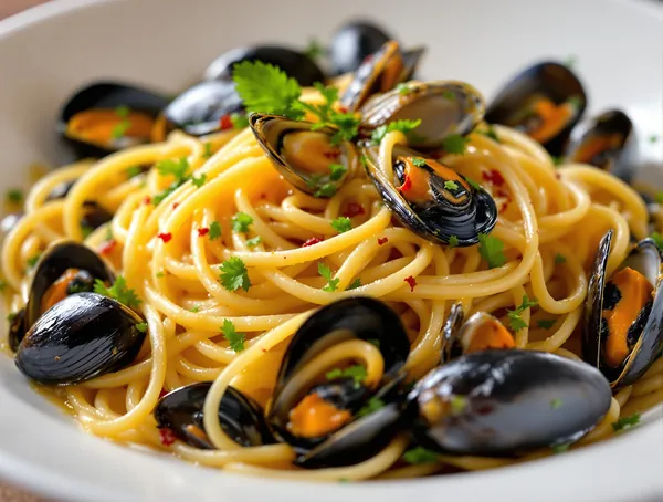 Spaghetti alle cozze cu midii și vin alb