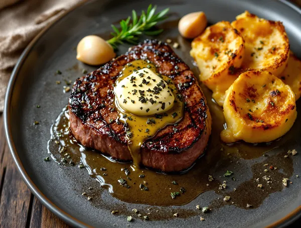 Steak cu unt de trufe și cartofi gratinate