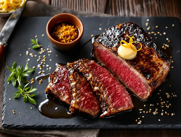 Steak Wagyu A5 cu sos de soia, mirin și unt de yuzu