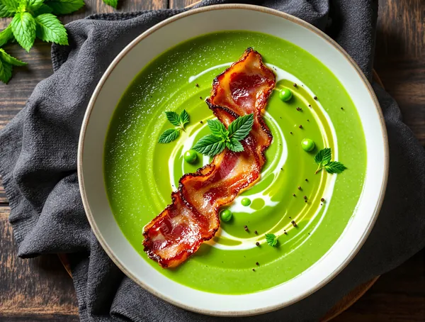 Supă cremă de mazăre cu mentă și bacon crocant