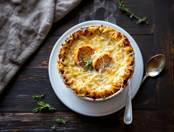 Supă de ceapă franțuzească cu crutoane și gruyère