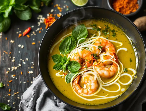 Supă de cocos cu creveți și curry verde