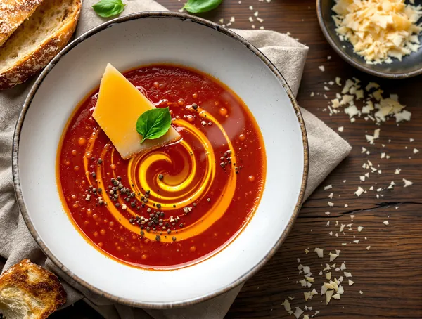 Supă de roșii coapte cu coajă de parmezan