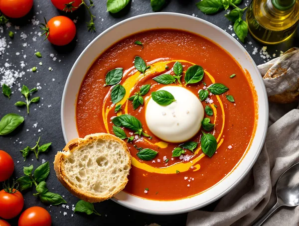 Supă de roșii proaspete cu busuioc și burrata