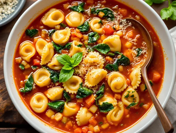 Supă de tortellini cu roșii și spanac